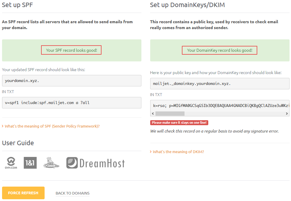 Success messages after successful adding of DNS records